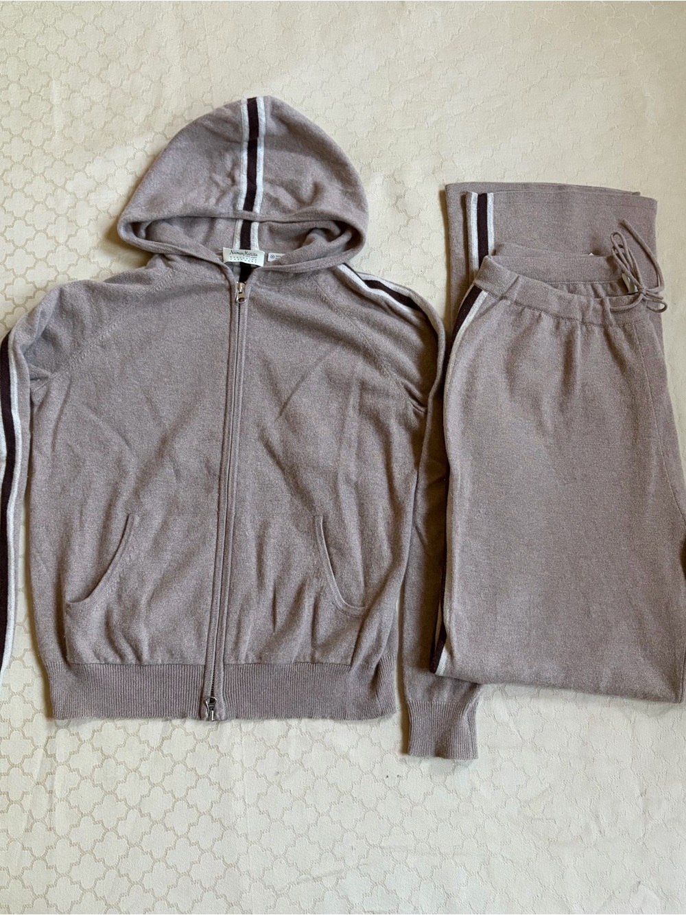 Neiman Marcus 100% Cashmere Tan Camel Stripe Wideleg Lounge Matching Set M-L